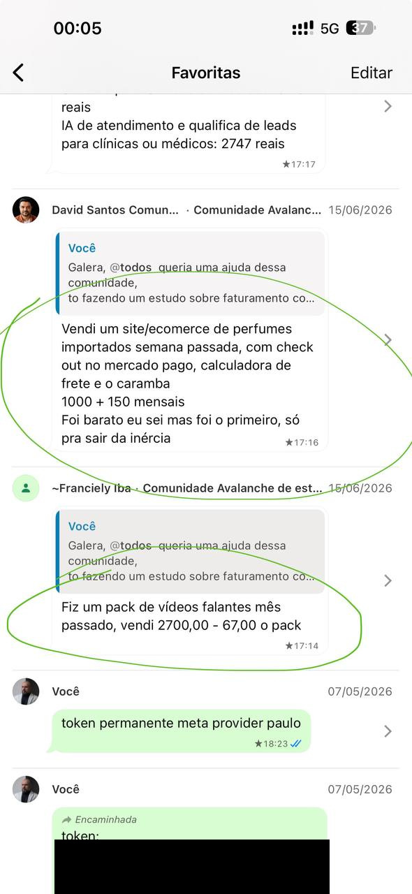 Print de grupo do WhatsApp: David Santos conta que vendeu um site de ecommerce de perfumes importados por 1000 mais 150 mensais, e Franciely Iba conta que vendeu um pack de videos falantes por 2700.