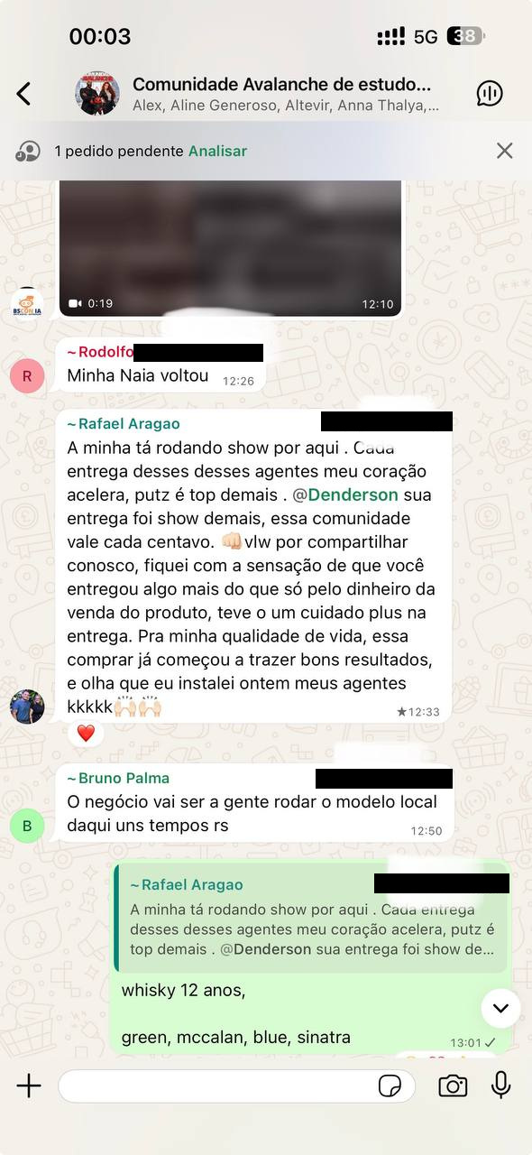 Print de grupo do WhatsApp: Rafael Aragao conta que a Naia dele esta rodando muito bem e que cada entrega dos agentes o emociona, com Rodolfo e Bruno Palma comentando na sequencia.
