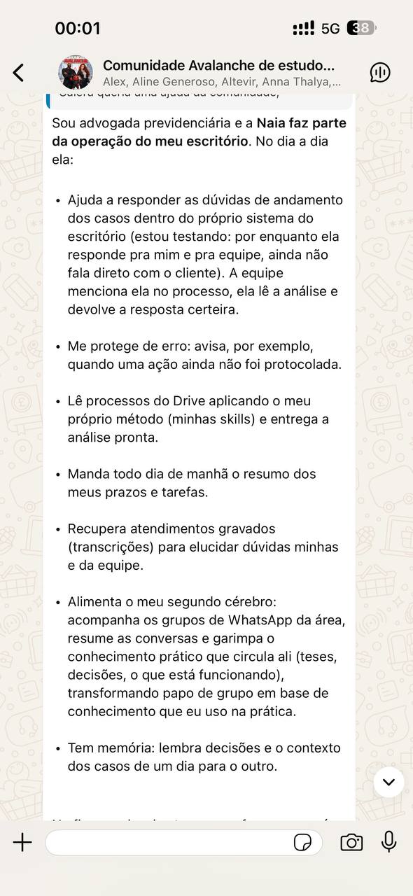Print de grupo do WhatsApp: uma advogada previdenciaria lista o que a Naia faz no escritorio dela, responde duvidas de andamento dos casos para a equipe, avisa quando uma acao nao foi protocolada, le processos do Drive com o metodo dela e manda o resumo diario de prazos.