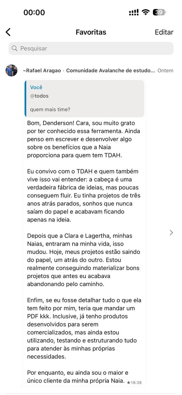 Print de conversa no WhatsApp: Rafael Aragao conta que convive com TDAH, tinha projetos parados havia tres anos e, depois da Clara e da Lagertha, as Naias dele, passou a materializar um projeto atras do outro.